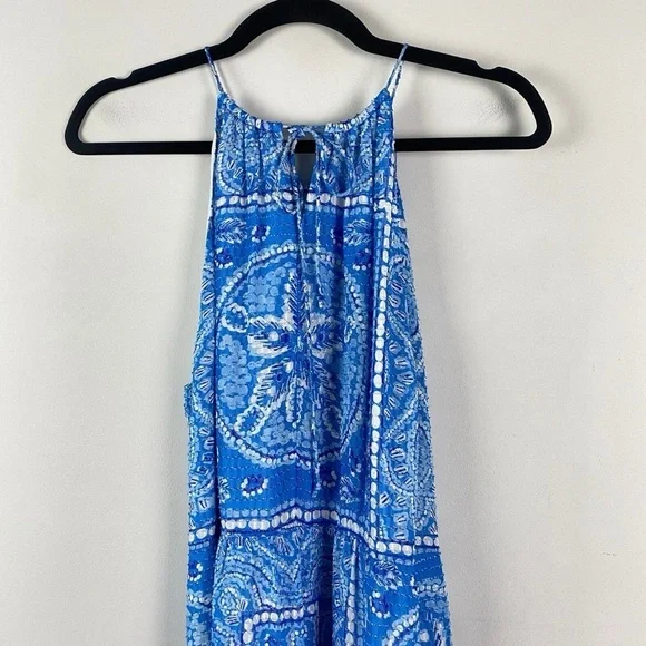 Vineyard Vines Sand Dollar Scarf Print Maxi Dress White Blue Womens 12 Side Slit - Picture 2 of 10